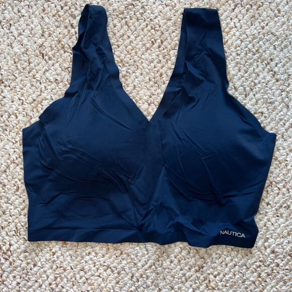 Nautica Other - Nautica Intimates Wireless Lounge Bralette Navy Blue Seamless V-Neck Comfort Med